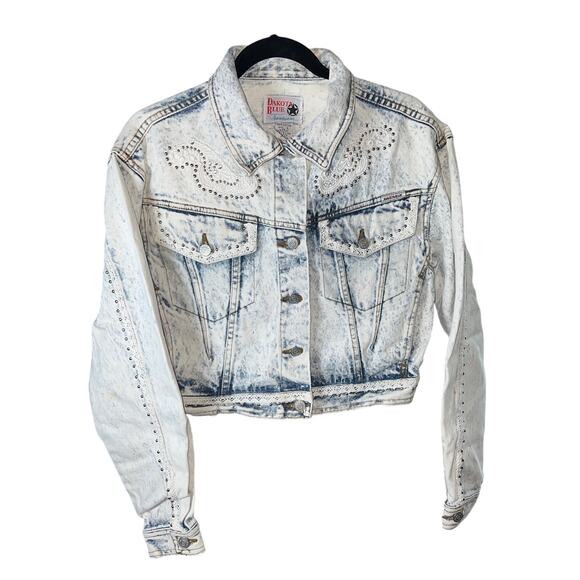 Vintage Dakota Blue Embellished Denim Jacket Lace + Pearl Trim – Women’s Large - Picture 1 of 10